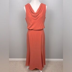 YL by Yair light orange 100% silk sleeveless drape neck midi dress, size 10.